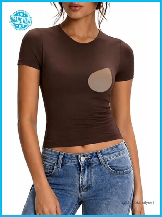 Tops - Built in Bra T Shirts Short Sleeve Crop Top Y2K Going Out Tops Fitted Basic